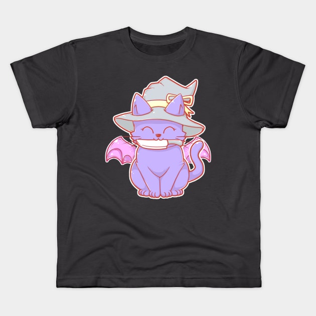 Cute Kawaii Cat with Knife and Bat Wings in Pastel Colors Kids T-Shirt by Witchy Ways